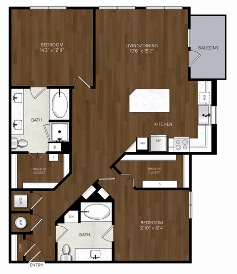 Floor plan for 2 beds, 2 baths, 1315 sqft